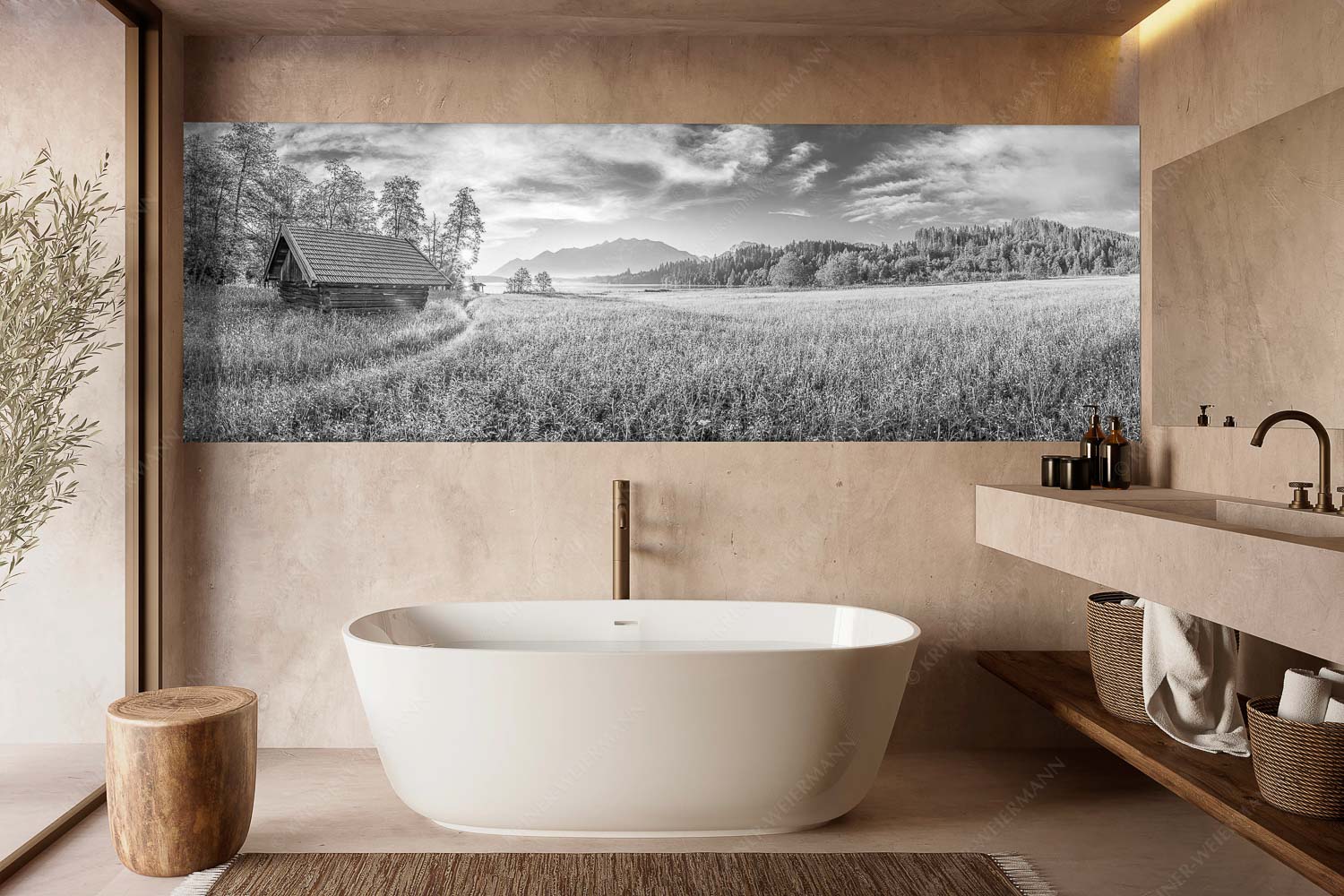 Blick übern Barmsee in den Sonnenaufgang - Seewiesen - Größe ca. 300x100cm, Seitenverhältnis 3:1 - Heustadel am Barmsee - weitere Infos unter https://www.kriner-weiermann.de