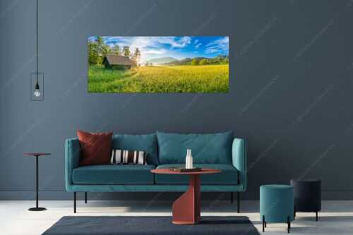 Blick übern Barmsee in den Sonnenaufgang - Seewiesen - Größe ca. 175x70cm, Seitenverhältnis 2,5:1 - Heustadel am Barmsee - weitere Infos unter https://www.kriner-weiermann.de