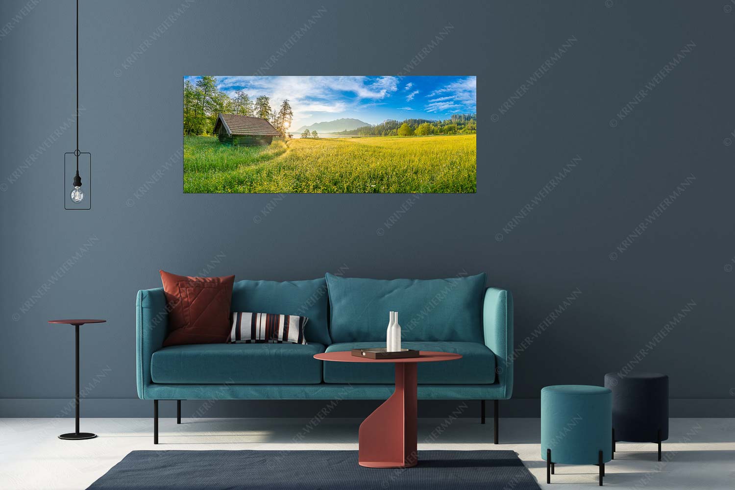 Blick übern Barmsee in den Sonnenaufgang - Seewiesen - Größe ca. 175x70cm, Seitenverhältnis 2,5:1 - Heustadel am Barmsee - weitere Infos unter https://www.kriner-weiermann.de