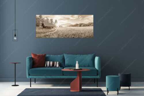 Blick übern Barmsee in den Sonnenaufgang - Seewiesen - Größe ca. 175x70cm, Seitenverhältnis 2,5:1 - Heustadel am Barmsee - weitere Infos unter https://www.kriner-weiermann.de