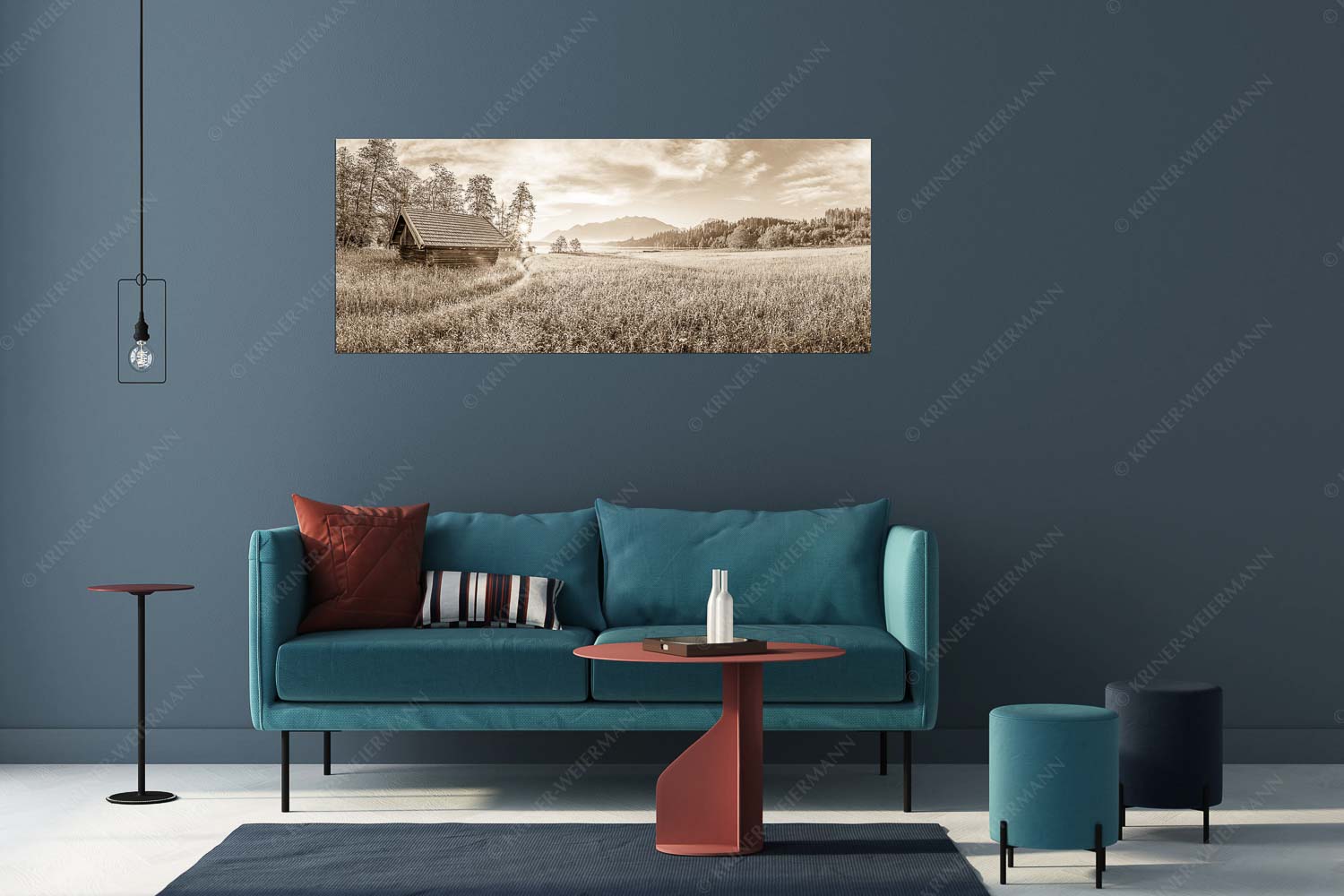 Blick übern Barmsee in den Sonnenaufgang - Seewiesen - Größe ca. 175x70cm, Seitenverhältnis 2,5:1 - Heustadel am Barmsee - weitere Infos unter https://www.kriner-weiermann.de