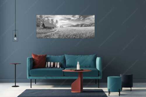 Blick übern Barmsee in den Sonnenaufgang - Seewiesen - Größe ca. 175x70cm, Seitenverhältnis 2,5:1 - Heustadel am Barmsee - weitere Infos unter https://www.kriner-weiermann.de