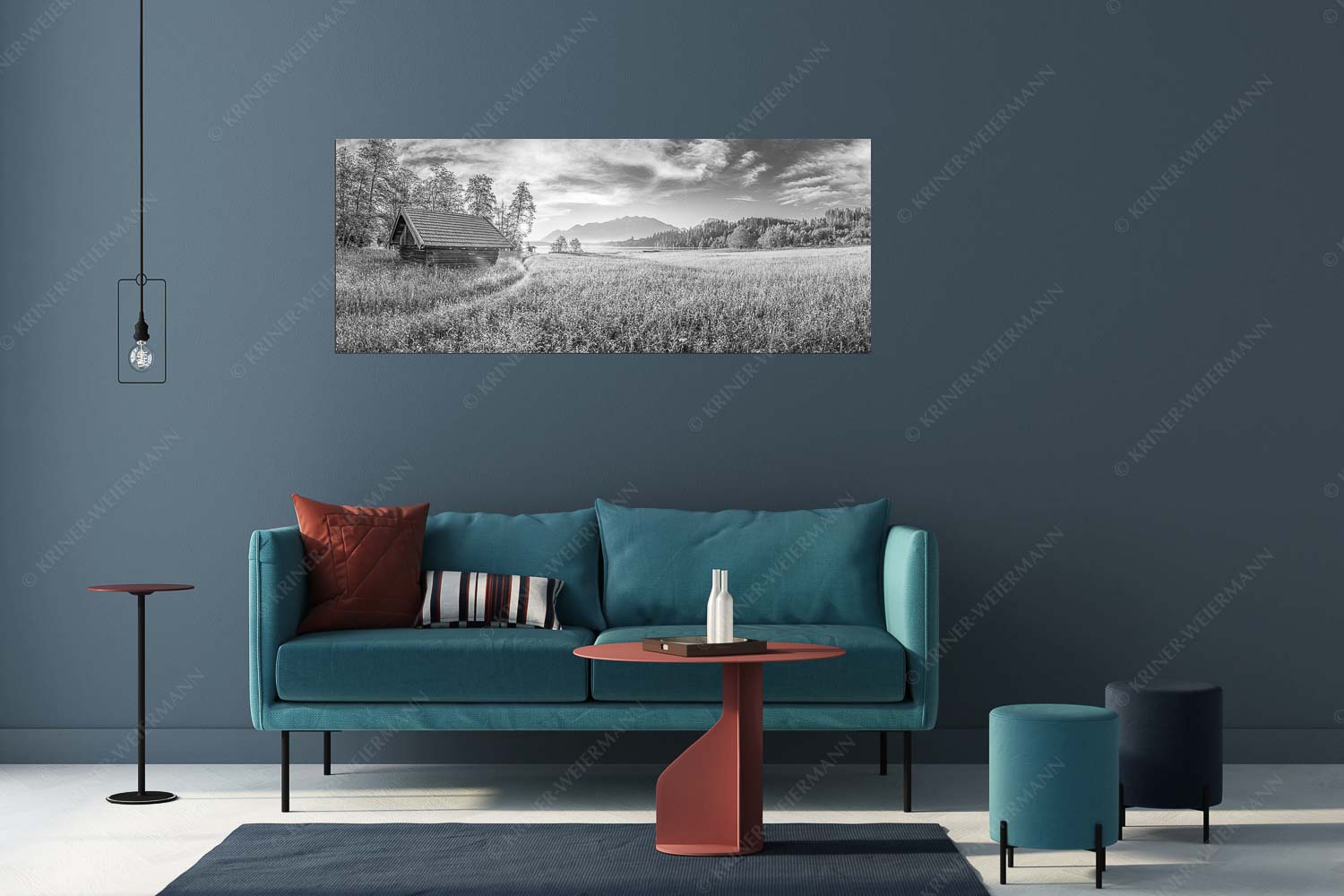 Blick übern Barmsee in den Sonnenaufgang - Seewiesen - Größe ca. 175x70cm, Seitenverhältnis 2,5:1 - Heustadel am Barmsee - weitere Infos unter https://www.kriner-weiermann.de