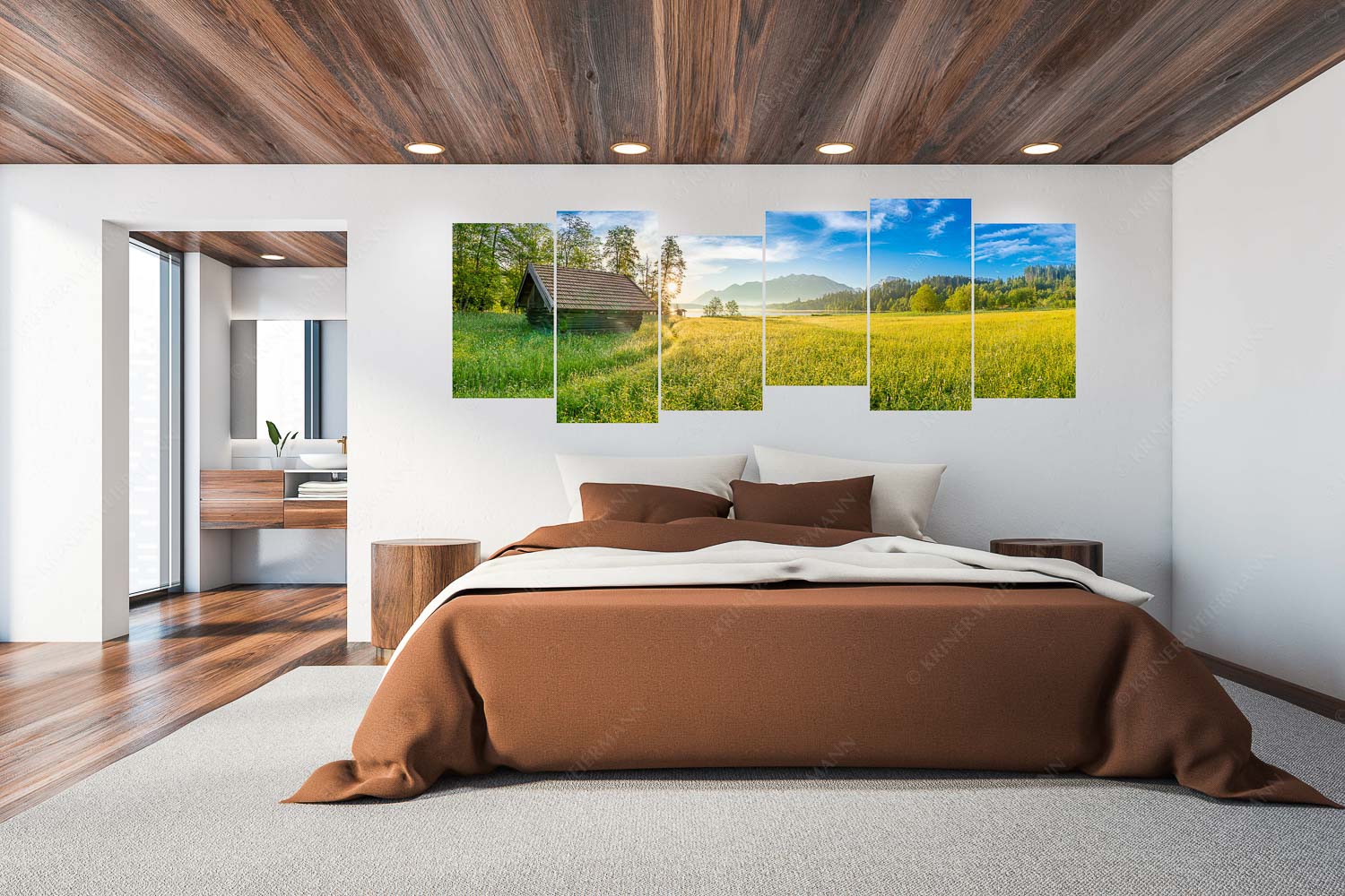 Seewiesen – 6er Split, Größe ca. 280x112cm, Seitenverhältnis 2,5:1 — Heustadel am Barmsee Blick übern Barmsee in den Sonnenaufgang - Seewiesen - 6er Split, Größe ca. 280x112cm, Seitenverhältnis 2,5:1 - Heustadel am Barmsee - weitere Infos unter https://www.kriner-weiermann.de