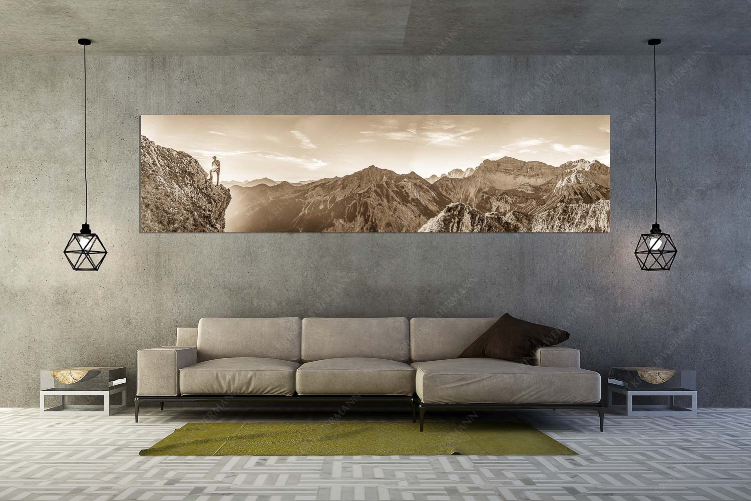 Sei Hoamat – Größe ca. 320x80cm, Seitenverhältnis 4:1 — Historischer Bergsteiger im Soierngebirge Blick beim Sonnenaufgang zur Soiernspitze - Sei Hoamat - Größe ca. 320x80cm, Seitenverhältnis 4:1 - Historischer Bergsteiger im Soierngebirge - weitere Infos unter https://www.kriner-weiermann.de