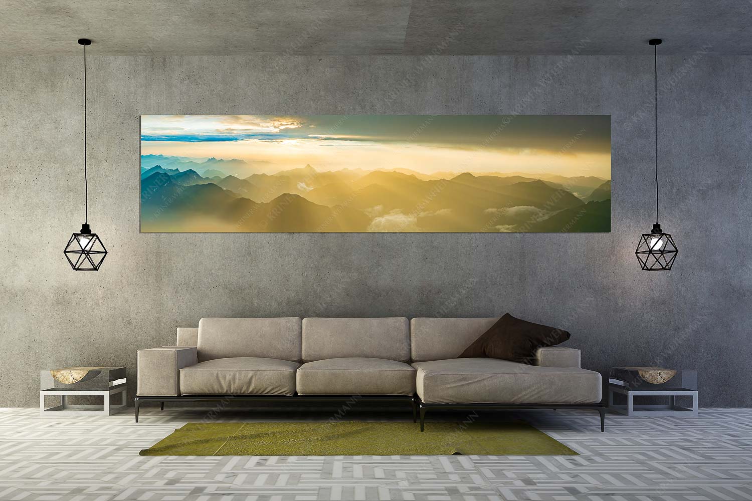 Shining II – Größe ca. 320x80cm, Seitenverhältnis 4:1 — Grandiose Abendstimmung Zugspitze Blick von der Zugspitze über Thannheimer Berge in den Sonnenuntergang - Shining II - Größe ca. 320x80cm, Seitenverhältnis 4:1 - Grandiose Abendstimmung Zugspitze - weitere Infos unter https://www.kriner-weiermann.de