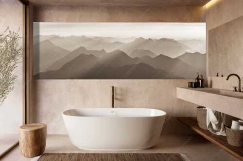 Blick von der Zugspitze über Thannheimer Berge in den Sonnenuntergang - Shining - Wandbild - Größe ca. 300x100cm, Seitenverhältnis 3: - Silhouetten Abendstimmung auf der Zugspitze - weitere Infos unter https://www.kriner-weiermann.de