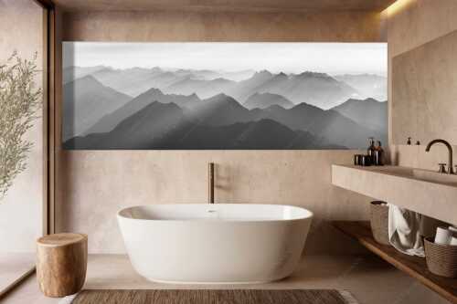 Blick von der Zugspitze über Thannheimer Berge in den Sonnenuntergang - Shining - Wandbild - Größe ca. 300x100cm, Seitenverhältnis 3: - Silhouetten Abendstimmung auf der Zugspitze - weitere Infos unter https://www.kriner-weiermann.de