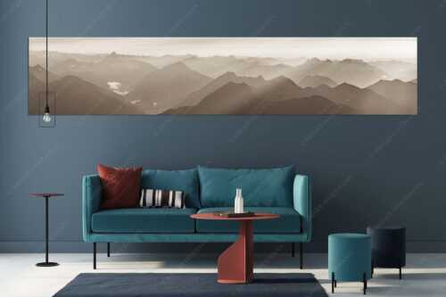 Blick von der Zugspitze über Thannheimer Berge in den Sonnenuntergang - Shining - Wandbild - Größe ca. 350x70cm, Seitenverhältnis 5:1 - Silhouetten Abendstimmung auf der Zugspitze - weitere Infos unter https://www.kriner-weiermann.de