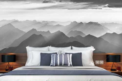 Blick von der Zugspitze über Thannheimer Berge in den Sonnenuntergang - Shining - Fototapete - Größe ca. 350x140cm, Seitenverhältnis 2,5:1 - Silhouetten Abendstimmung auf der Zugspitze - weitere Infos unter https://www.kriner-weiermann.de