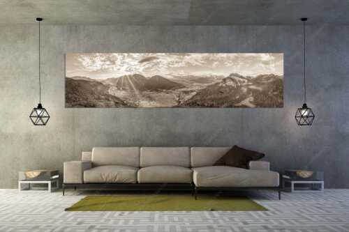 Blick über das Loisachtal und Garmisch-Partenkirchen ins Wettersteingebirge - sLoisachtal - Größe ca. 320x80cm, Seitenverhältnis 4:1 - Farchant Burgrain und Garmisch-Partenkirchen - weitere Infos unter https://www.kriner-weiermann.de