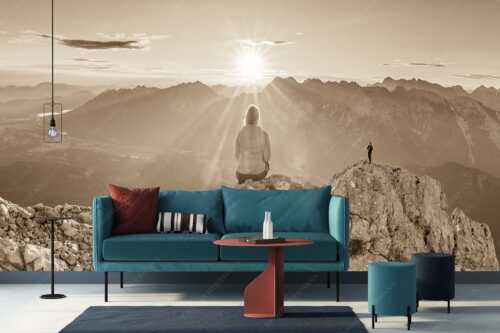 Blick übers Obere Isartal in den Sonnenaufgang im Karwendel - Sonnenanbeter - Größe ca. 400x200cm, Seitenverhältnis 2:1 - Bergsteiger auf der Wettersteinspitze - weitere Infos unter https://www.kriner-weiermann.de