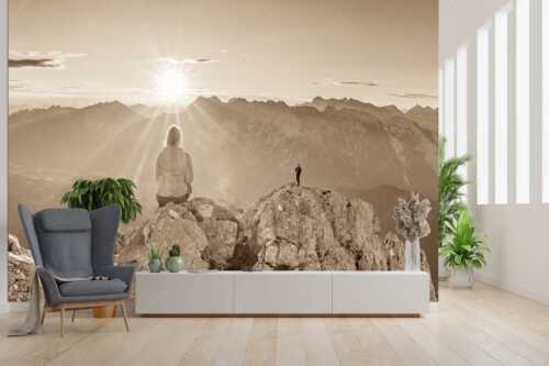 Blick übers Obere Isartal in den Sonnenaufgang im Karwendel - Sonnenanbeter - Größe ca. 300x200cm, Seitenverhältnis 3:2 - Bergsteiger auf der Wettersteinspitze - weitere Infos unter https://www.kriner-weiermann.de