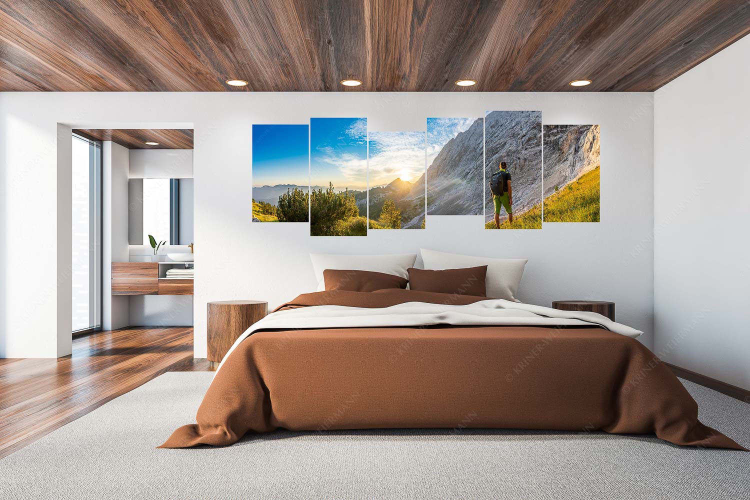 Sonnenaufgang am Zirbelkopf – 6er Split, Größe ca. 280x112cm, Seitenverhältnis 2,5:1 — Wandern im Wettersteingebirge Wanderer am Kämitor mit Blick zum Sonnenaufgang im Wettersteingebirge - Sonnenaufgang am Zirbelkopf - 6er Split, Größe ca. 280x112cm, Seitenverhältnis 2,5:1 - Wandern im Wettersteingebirge - weitere Infos unter https://www.kriner-weiermann.de