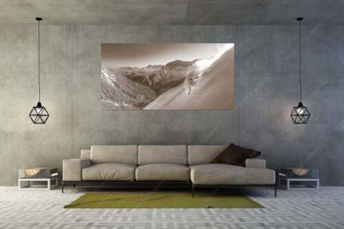 Traumhafter Schnee mit überwältigender Aussicht verspricht dieser Tag - Spass mit Aussicht - Größe ca. 200x100cm, Seitenverhältnis 2: - Freeriding im Wettersteingebirge - weitere Infos unter https://www.kriner-weiermann.de
