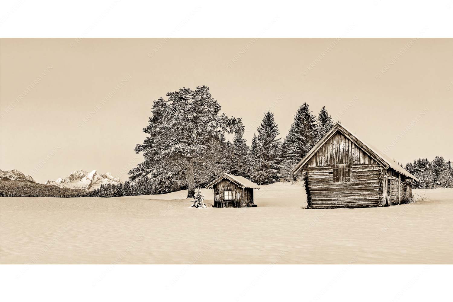 Staade Zeit II – Seitenverhältnis 2:1 — Christbaum an Hütte mit Wetterstein Adventliche Stimmung an Wiesmahdhütterl mit Blick auf Zugspitzmassiv
