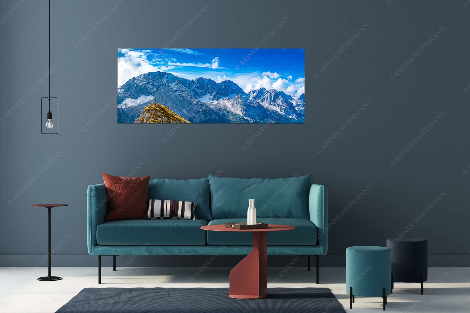Blick vom Feldernjoch im Wetterstein auf die Mieminger Kette - Standpunkt - Größe ca. 175x70cm, Seitenverhältnis 2,5:1 - Wanderer am Feldernjoch - weitere Infos unter https://www.kriner-weiermann.de