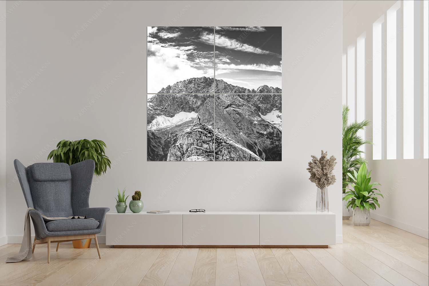 Standpunkt – 4er Split, Größe ca. 180x180cm, Seitenverhältnis 1:1 — Wanderer am Feldernjoch Blick vom Feldernjoch im Wetterstein auf die Mieminger Kette - Standpunkt - 4er Split, Größe ca. 180x180cm, Seitenverhältnis 1:1 - Wanderer am Feldernjoch - weitere Infos unter https://www.kriner-weiermann.de