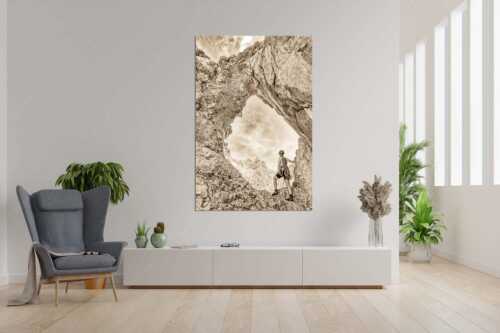 Beeindruckendes Felsloch am Oberreintalturm mit Blick zur Leutascher Dreitorspitze - Staunen - Größe ca. 120x180cm, Seitenverhältnis 2:3 - Klettern im Oberreintal - weitere Infos unter https://www.kriner-weiermann.de