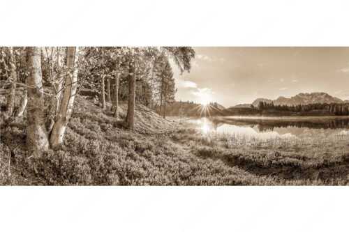 Blick über den Wildensee zum Sonnenaufgang am Soierngebirge und Karwendel - Stiller Morgen - Seitenverhältnis 2,5:1 - Wildensee und Karwendel - weitere Infos unter https://www.kriner-weiermann.de