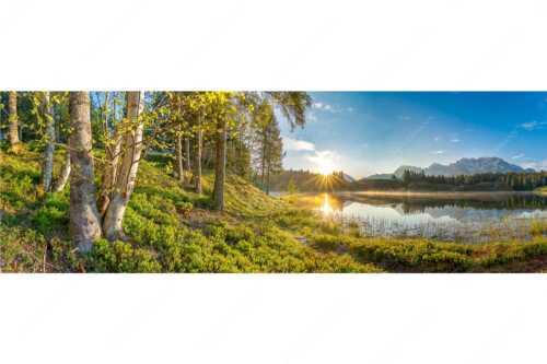 Blick über den Wildensee zum Sonnenaufgang am Soierngebirge und Karwendel - Stiller Morgen - Seitenverhältnis 3:1 - Wildensee und Karwendel - weitere Infos unter https://www.kriner-weiermann.de