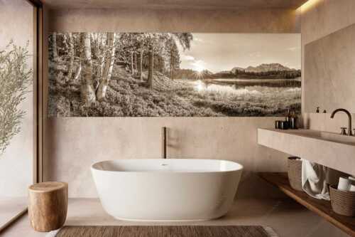 Blick über den Wildensee zum Sonnenaufgang am Soierngebirge und Karwendel - Stiller Morgen - Größe ca. 300x100cm, Seitenverhältnis 3:1 - Wildensee und Karwendel - weitere Infos unter https://www.kriner-weiermann.de