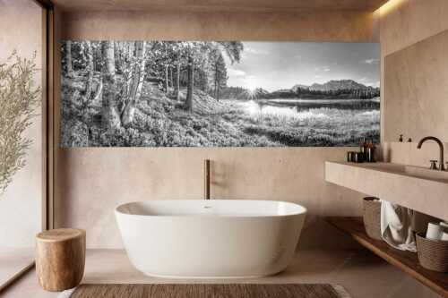 Blick über den Wildensee zum Sonnenaufgang am Soierngebirge und Karwendel - Stiller Morgen - Größe ca. 300x100cm, Seitenverhältnis 3:1 - Wildensee und Karwendel - weitere Infos unter https://www.kriner-weiermann.de