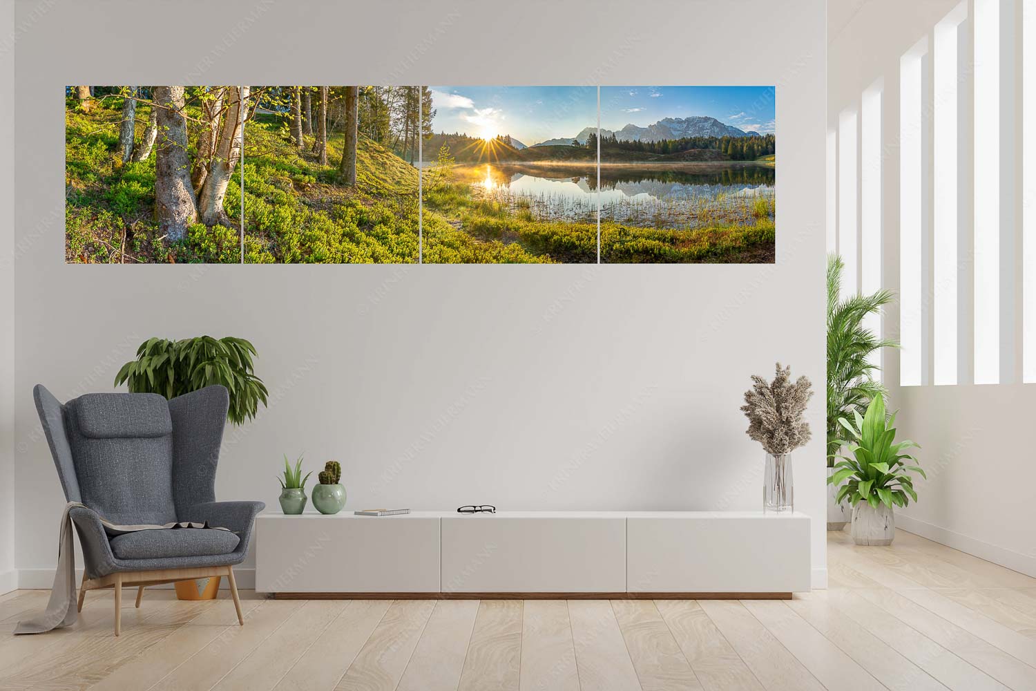 Blick über den Wildensee zum Sonnenaufgang am Soierngebirge und Karwendel - Stiller Morgen - 4er Split, Größe ca. 280x70cm, Seitenverhältnis 4:1 - Wildensee und Karwendel - weitere Infos unter https://www.kriner-weiermann.de