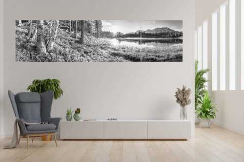 Blick über den Wildensee zum Sonnenaufgang am Soierngebirge und Karwendel - Stiller Morgen - 4er Split, Größe ca. 280x70cm, Seitenverhältnis 4:1 - Wildensee und Karwendel - weitere Infos unter https://www.kriner-weiermann.de