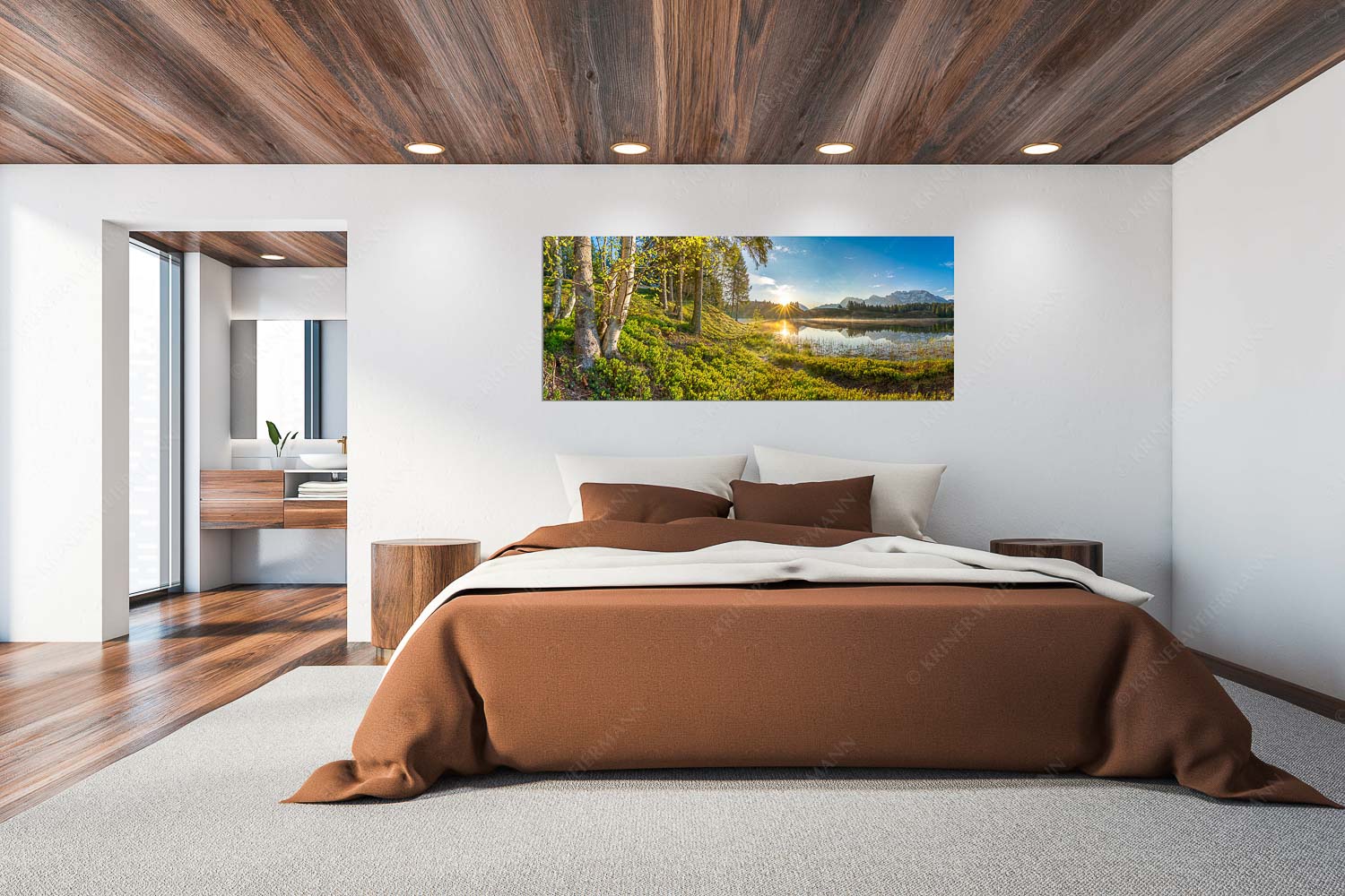 Blick über den Wildensee zum Sonnenaufgang am Soierngebirge und Karwendel - Stiller Morgen - Größe ca. 200x80cm, Seitenverhältnis 2,5:1 - Wildensee und Karwendel - weitere Infos unter https://www.kriner-weiermann.de