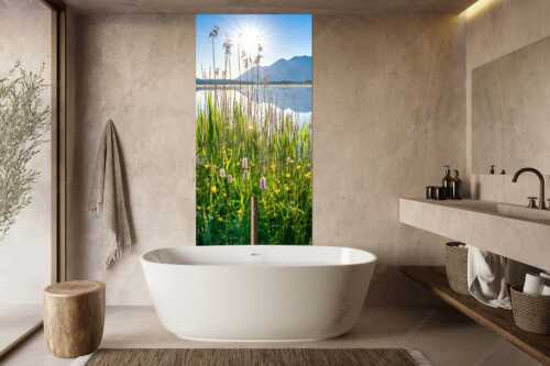 Blick übern Barmsee zum Soierngebirge - Strahlkraft - Größe ca. 100x200cm, Seitenverhältnis 1:2 - Barmseeufer mit Soierngebirge - weitere Infos unter https://www.kriner-weiermann.de