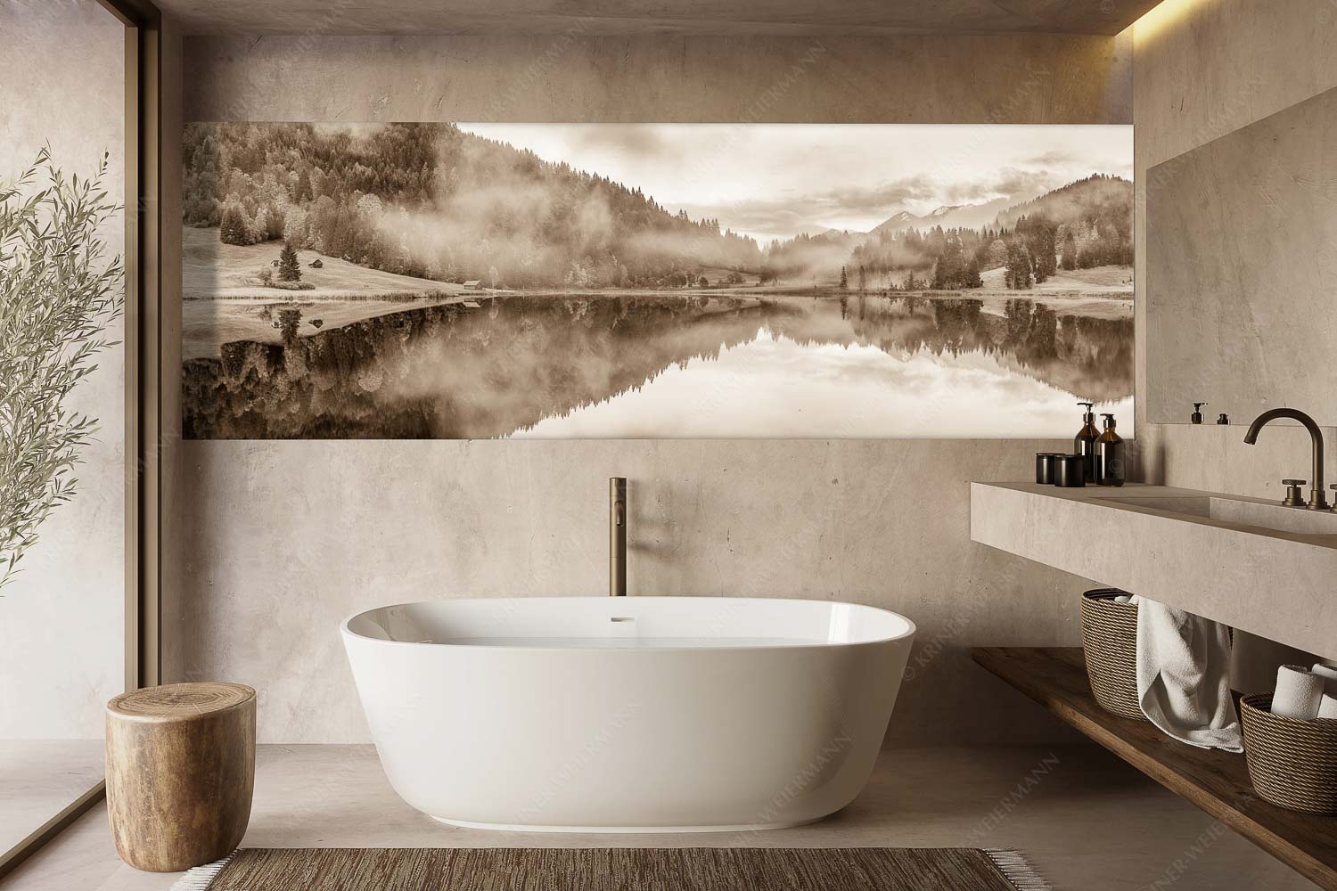 Symmetrie – Größe ca. 300x100cm, Seitenverhältnis 3:1 — Nebelstimmung am Geroldsee Die herbstliche Färbung taucht die Landschaft in ein neues Licht - Symmetrie - Größe ca. 300x100cm, Seitenverhältnis 3:1 - Nebelstimmung am Geroldsee - weitere Infos unter https://www.kriner-weiermann.de