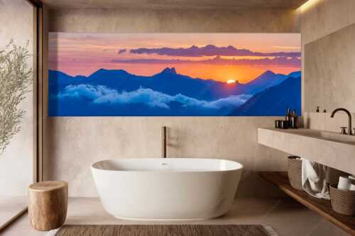 Blick aus dem Karwendel zum Sonnenaufgang am Roß- und Buchstein - Tagesanbruch - Größe ca. 300x100cm, Seitenverhältnis 3:1 - Sonnenaufgang Rossstein Buchstein - weitere Infos unter https://www.kriner-weiermann.de