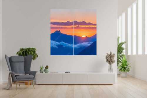 Blick aus dem Karwendel zum Sonnenaufgang am Roß- und Buchstein - Tagesanbruch - 4er Split, Größe ca. 180x180cm, Seitenverhältnis 1:1 - Sonnenaufgang Rossstein Buchstein - weitere Infos unter https://www.kriner-weiermann.de