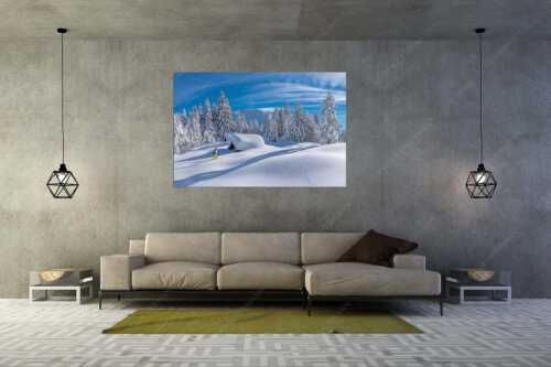 Skitour in den tief verschneiten Hängen am Kranzberg, den Karwendel immer im Blick - Tiefster Winter - Größe ca. 180x120cm, Seitenverhältnis 3:2 - Skitour im Isartal - weitere Infos unter https://www.kriner-weiermann.de