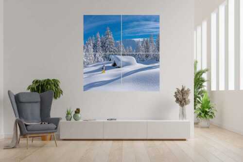 Skitour in den tief verschneiten Hängen am Kranzberg, den Karwendel immer im Blick - Tiefster Winter - 4er Split, Größe ca. 180x180cm, Seitenverhältnis 1:1 - Skitour im Isartal - weitere Infos unter https://www.kriner-weiermann.de