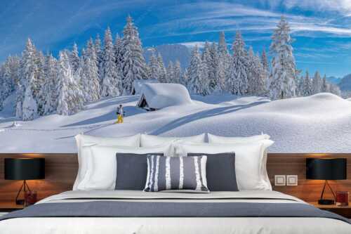 Skitour in den tief verschneiten Hängen am Kranzberg, den Karwendel immer im Blick - Tiefster Winter - Größe ca. 350x140cm, Seitenverhältnis 2,5:1 - Skitour im Isartal - weitere Infos unter https://www.kriner-weiermann.de