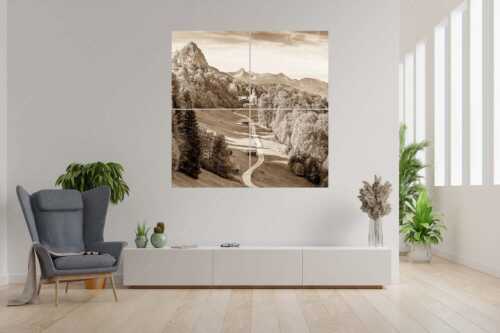 Kirche St. Anna in Wamberg mit Großem Waxenstein und Daniel im Hintergrund - Tradition und Moderne III - 4er Split, Größe ca. 180x180cm, Seitenverhältnis 1:1 - Wamberg und Waxenstein - weitere Infos unter https://www.kriner-weiermann.de