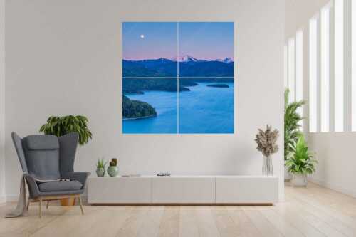 Mondaufgang über Walchensee mit Blick in das noch verschneite Karwendelgebirge - Türkis - 4er Split, Größe ca. 180x180cm, Seitenverhältnis 1: - Walchensee mit Schafreuter - weitere Infos unter https://www.kriner-weiermann.de