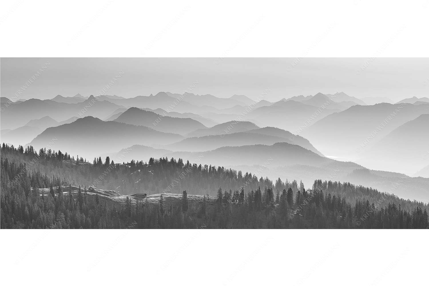 Morgenstimmung bei der Krüner Alm mit Panoramablick vom Wendelstein bis Zugspitze - Über d Oima - Seitenverhältnis 2,5:1 - Bayerische Voralpen mit Krüner Alm - weitere Infos unter https://www.kriner-weiermann.de