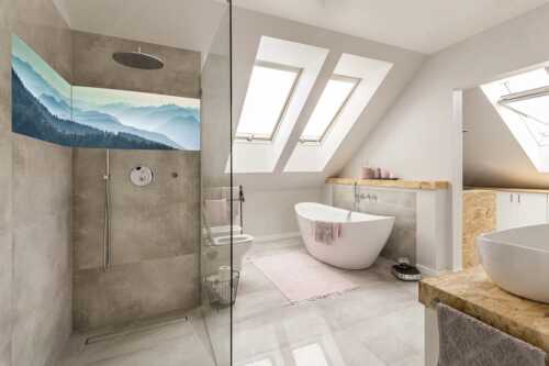 Morgenstimmung bei der Krüner Alm mit Panoramablick vom Wendelstein bis Zugspitze - Über d Oima - Größe ca. 240x60cm, Seitenverhältnis 4:1 - Bayerische Voralpen mit Krüner Alm - weitere Infos unter https://www.kriner-weiermann.de