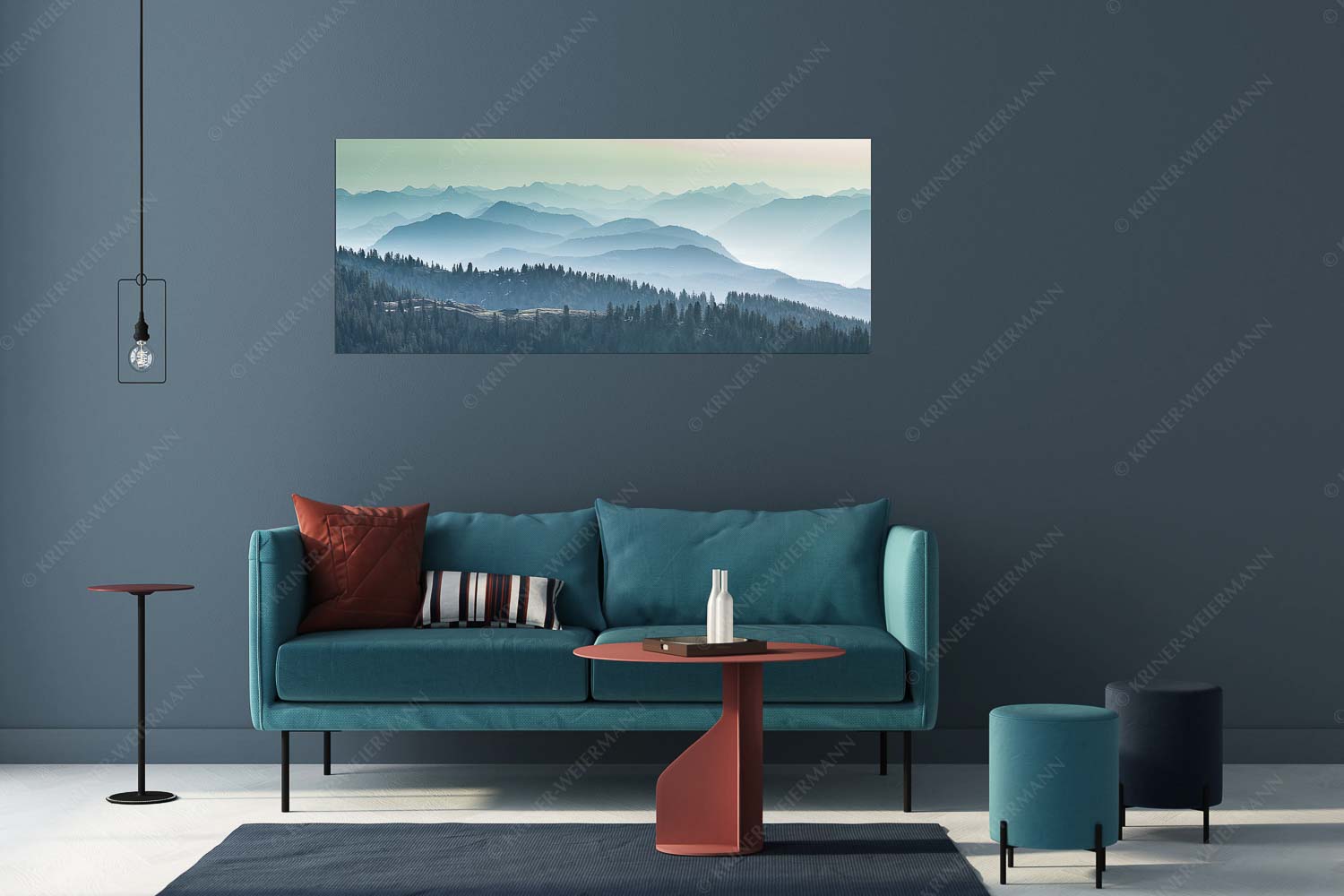 Morgenstimmung bei der Krüner Alm mit Panoramablick vom Wendelstein bis Zugspitze - Über d Oima - Größe ca. 175x70cm, Seitenverhältnis 2,5:1 - Bayerische Voralpen mit Krüner Alm - weitere Infos unter https://www.kriner-weiermann.de