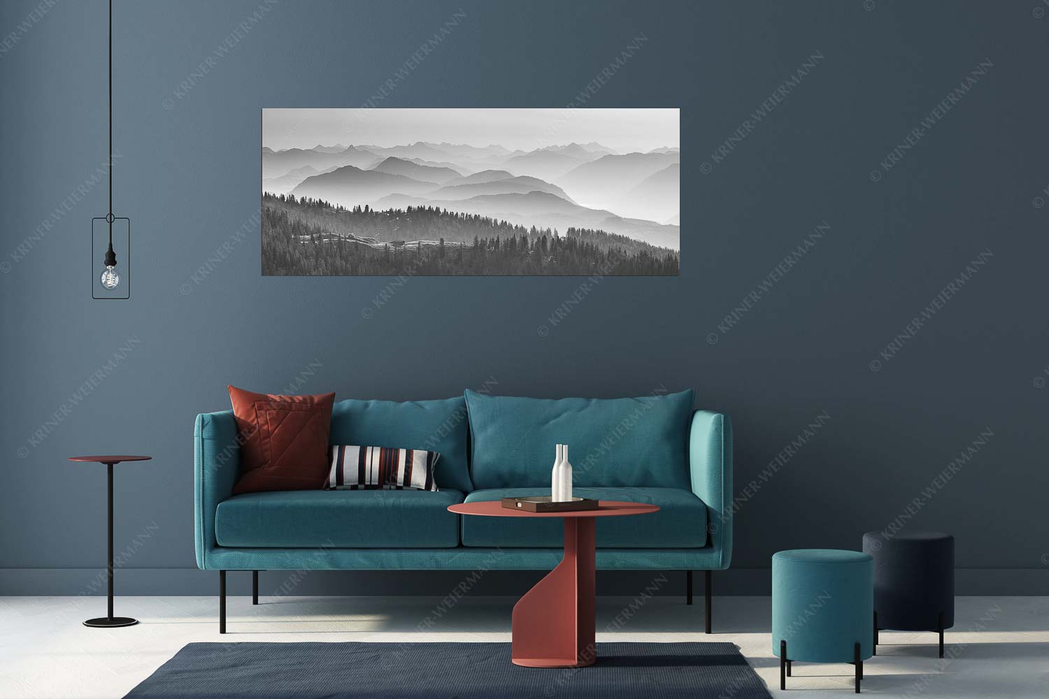 Morgenstimmung bei der Krüner Alm mit Panoramablick vom Wendelstein bis Zugspitze - Über d Oima - Größe ca. 175x70cm, Seitenverhältnis 2,5:1 - Bayerische Voralpen mit Krüner Alm - weitere Infos unter https://www.kriner-weiermann.de