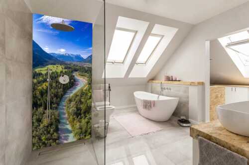 Blick über die Loisach und Farchant zum Zugspitzmassiv im Wettersteingebirge - Über der Loisach - Größe ca. 110x220cm, Seitenverhältnis 1:2 - Loisachtal Farchant und Wetterstein - weitere Infos unter https://www.kriner-weiermann.de