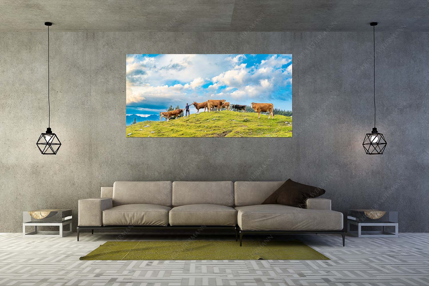 Ums Vieh schaun – Größe ca. 200x100cm, Seitenverhältnis 2:1 — Hirte im Estergebirge Hirte mit Jungvieh auf der Kuhalm im Estergebirge - Ums Vieh schaun - Größe ca. 200x100cm, Seitenverhältnis 2:1 - Hirte im Estergebirge - weitere Infos unter https://www.kriner-weiermann.de