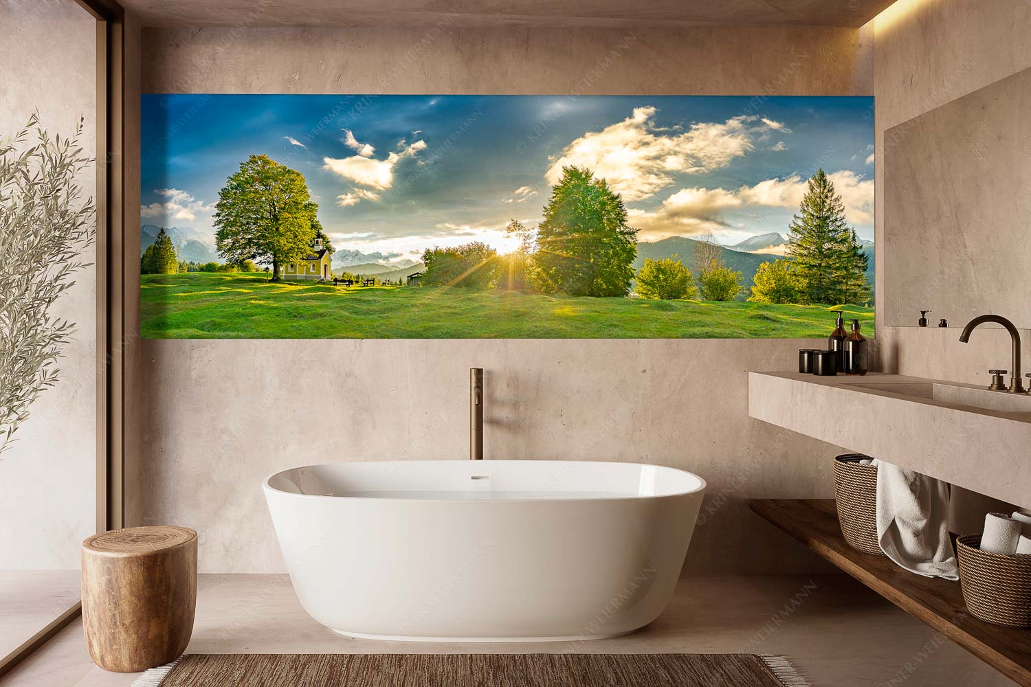 Verblendet – Größe ca. 300x100cm, Seitenverhältnis 3:1 — Kapelle Maria Rast Sonnenuntergang an der Kapelle Maria Rast in Krün mit Zugspitze - Verblendet - Größe ca. 300x100cm, Seitenverhältnis 3:1 - Kapelle Maria Rast - weitere Infos unter https://www.kriner-weiermann.de