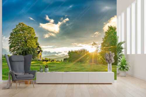 Sonnenuntergang an der Kapelle Maria Rast in Krün mit Zugspitze - Verblendet - Größe ca. 300x200cm, Seitenverhältnis 3:2 - Kapelle Maria Rast - weitere Infos unter https://www.kriner-weiermann.de