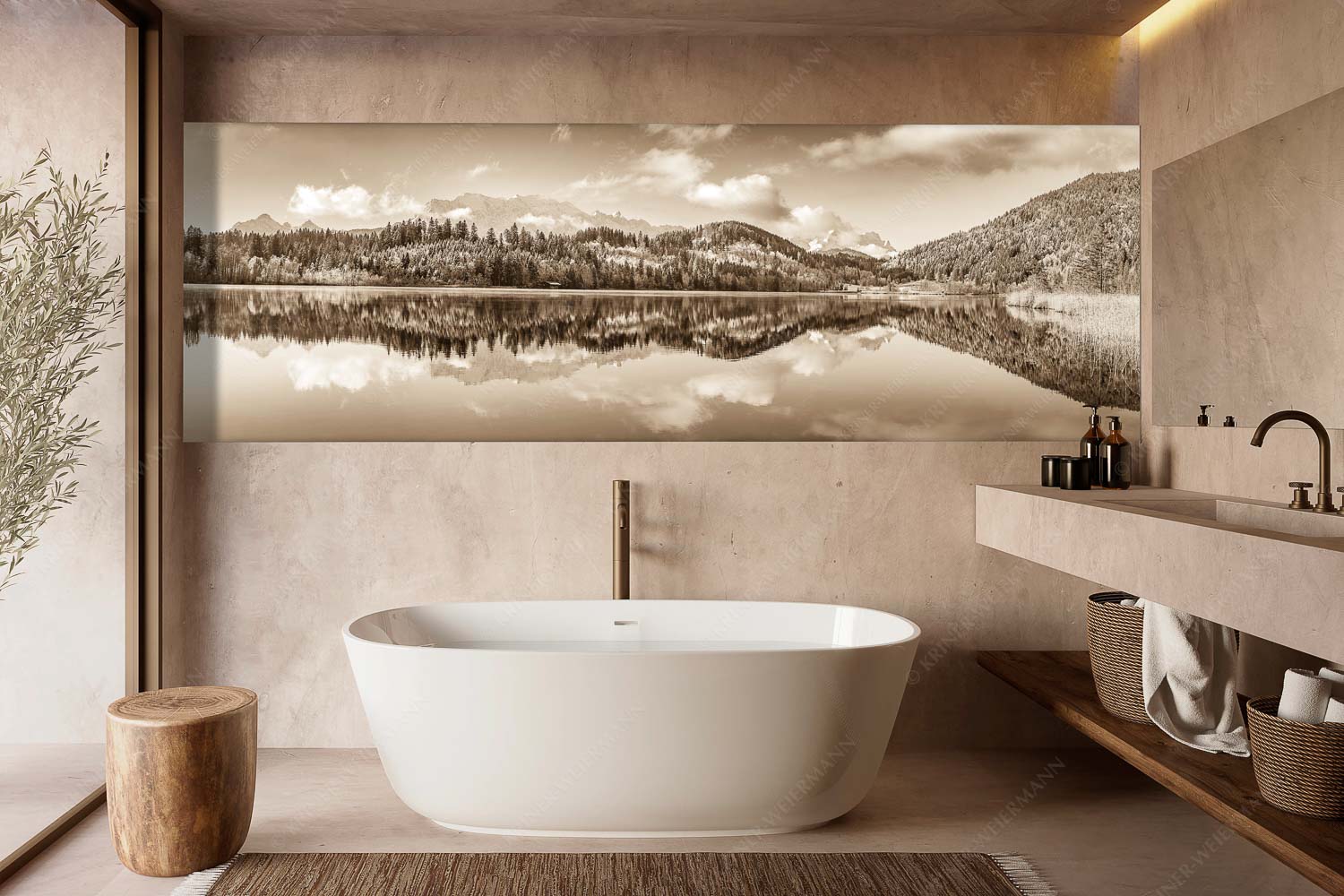 Blick über den Barmsee mit Spiegelung der Landschaft im See zum Wettersteingebirge - Versöhnlicher Morgen - Größe ca. 300x100cm, Seitenverhältnis 3:1 - Barmsee Spiegelung mit Wetterstein - weitere Infos unter https://www.kriner-weiermann.de