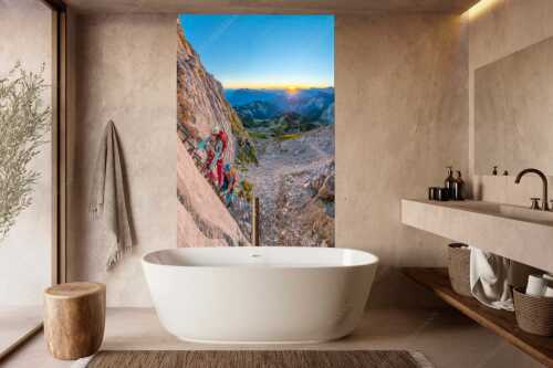 Einstieg an der Ferrata zum Sonnenaufgang im Wetterstein - Via Ferrata - Größe ca. 160x240cm, Seitenverhältnis 2:3 - Bergsteiger Ferrata Alpspitze - weitere Infos unter https://www.kriner-weiermann.de