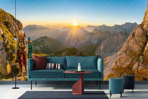 Auf der Ferrata zur Alspitze unterwegs bei Sonnenaufgang - Via Ferrata II - Größe ca. 400x200cm, Seitenverhältnis 2:1 - Bergsteiger Ferrata Alpspitze - weitere Infos unter https://www.kriner-weiermann.de